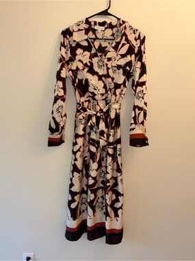 Luxology | Floral Long-Sleeve Tie-Waist Dress in Ivory and Brown